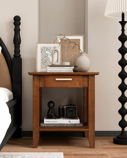 Giantex Rattan Nightstand with Drawer, Mid Century End Table with Storage Shelf, Sofa Side Table with Solid Rubber Wood Legs