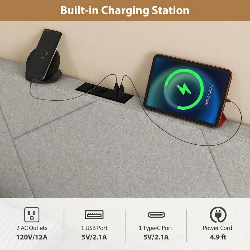 Tête de lit Giantex avec station de charge Grand lit/Double (Capitonnage géométrique canalisé avec station de charge)