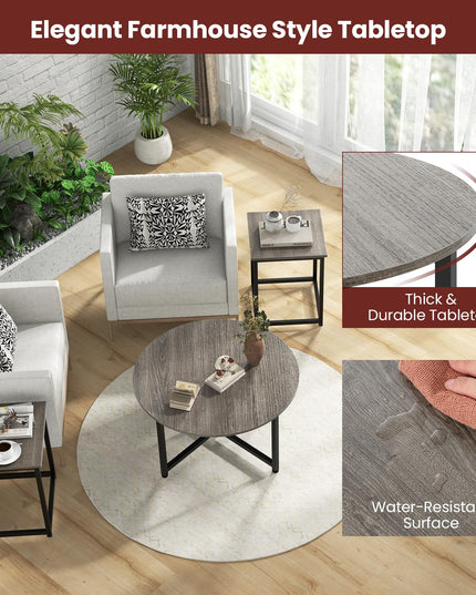 Giantex Round Nesting Table Set of 3, Farmhouse Coffee Table w/2 End Tables, Sturdy Metal Frame (Black Oak)