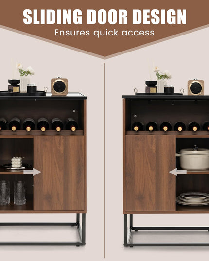 Giantex Wine Bar Cabinet, Small Sideboard Buffet Cabinet with Tempered Glass Top, Adjustable Feet & Shelf, Sliding Door