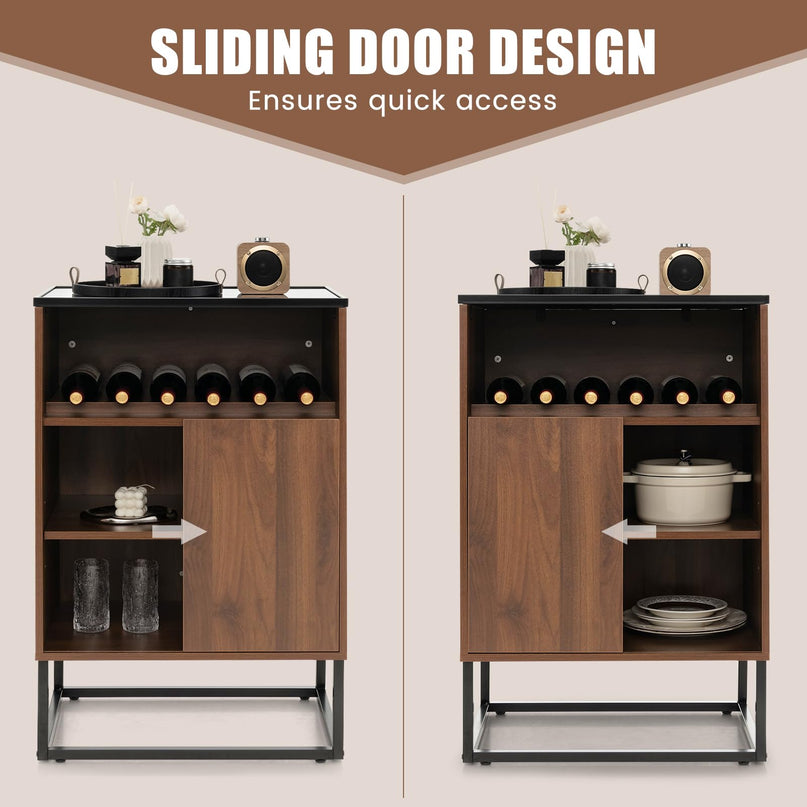 Giantex Wine Bar Cabinet, Small Sideboard Buffet Cabinet with Tempered Glass Top, Adjustable Feet & Shelf, Sliding Door