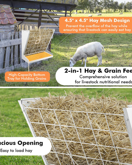 Giantex Hay Feeder for Goats - 28'' Hanging Hay Rack with Grain Feeder