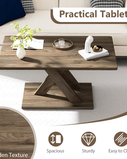 Giantex 37.5 Inch Wood Farmhouse Coffee Table with Stable Base & Rubber Wood Connection