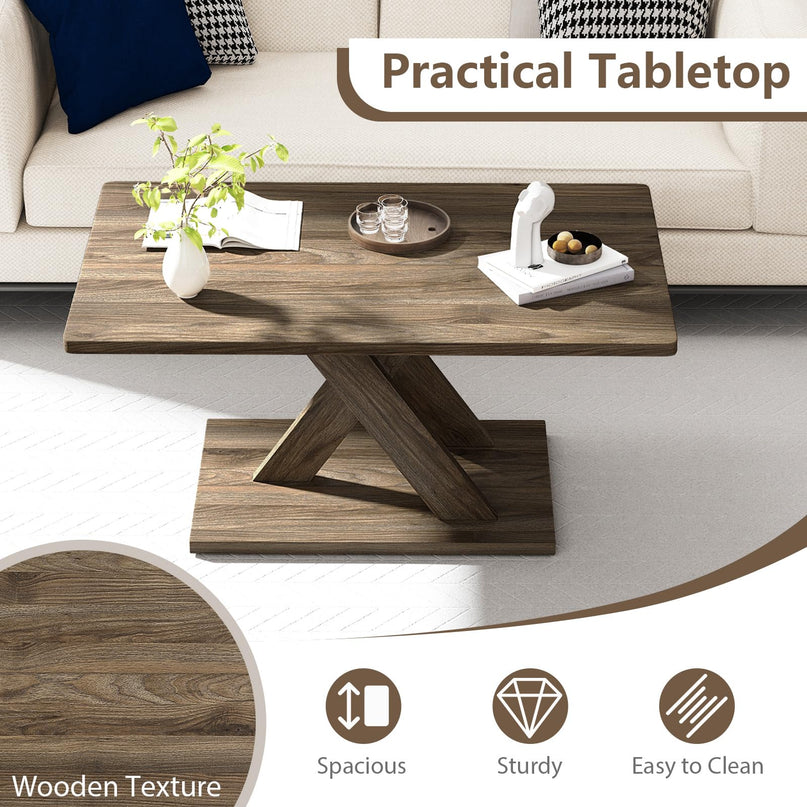 Giantex 37.5 Inch Wood Farmhouse Coffee Table with Stable Base & Rubber Wood Connection