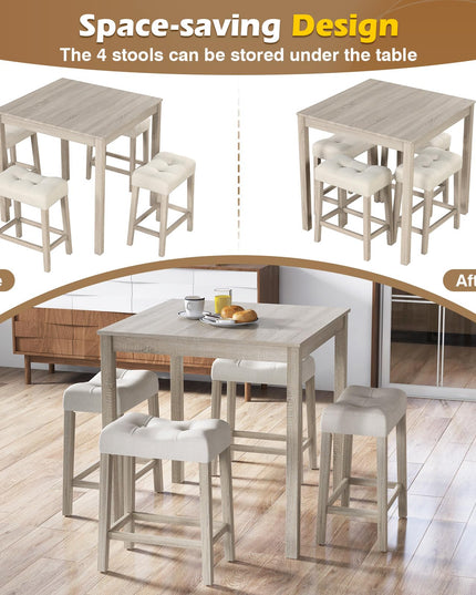 Giantex Dining Table Set for 4, 5-Piece Bar Table Set with 35”x35 Square Table, 18”x11 Padded Stools