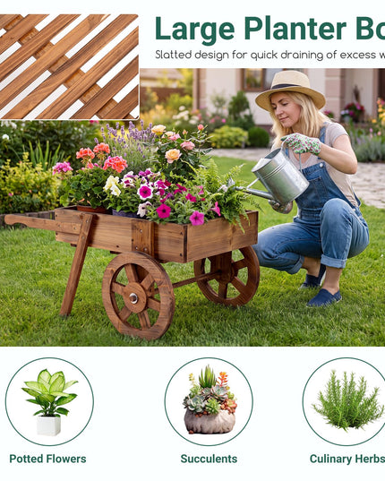 GIANTEX Wooden Wagon Planter Box with Wheels