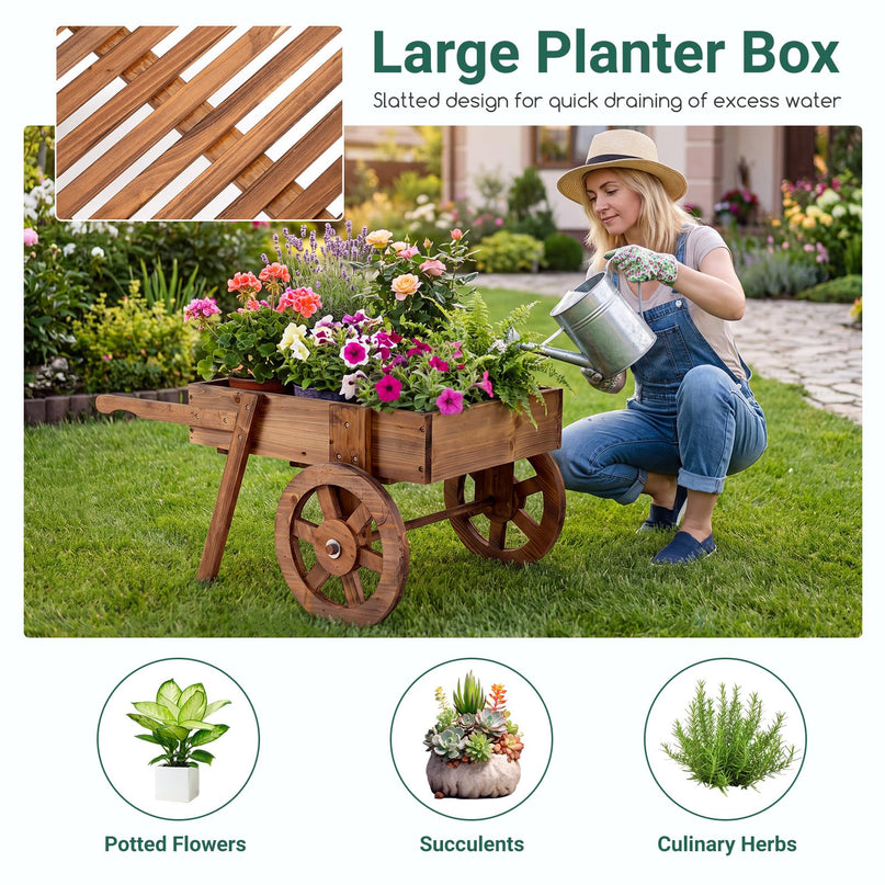 GIANTEX Wooden Wagon Planter Box with Wheels