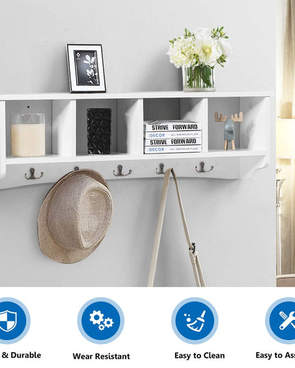Giantex Wall-Mounted Storage Shelf W/4 Storage Units and 5 Dual Hooks