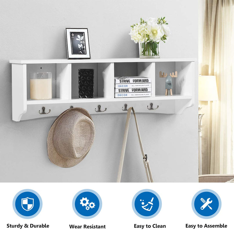 Giantex Wall-Mounted Storage Shelf W/4 Storage Units and 5 Dual Hooks