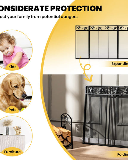 Giantex 3-Panel Fireplace Screen Black - 50 x 30 Inch Folding Antique Mesh Metal Flat Fireplace Screen
