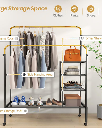 Giantex Double Rods Garment Rack with Wheels, Clothing Rack w/ 2 Hanging Height Adjustable Rods, Side Mesh Racks
