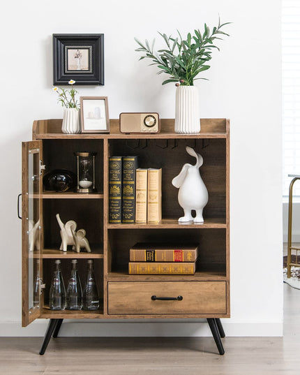 Giantex Buffet Sideboard with Drawer, Wine Cabinet for 8 Bottles, Glass Holder, 3 Tier Cupboard Tempered Glass Door (Rustic Brown & Black)