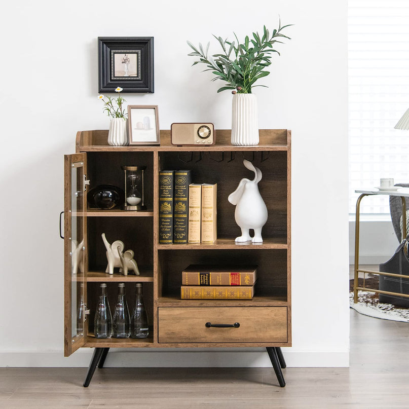 Giantex Buffet Sideboard with Drawer, Wine Cabinet for 8 Bottles, Glass Holder, 3 Tier Cupboard Tempered Glass Door (Rustic Brown & Black)