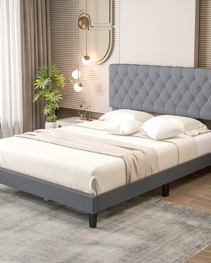 Giantex Queen Bed Frame, Upholstered Platform Bed with Button Tufted Headboard and Solid Wooden Slats Support