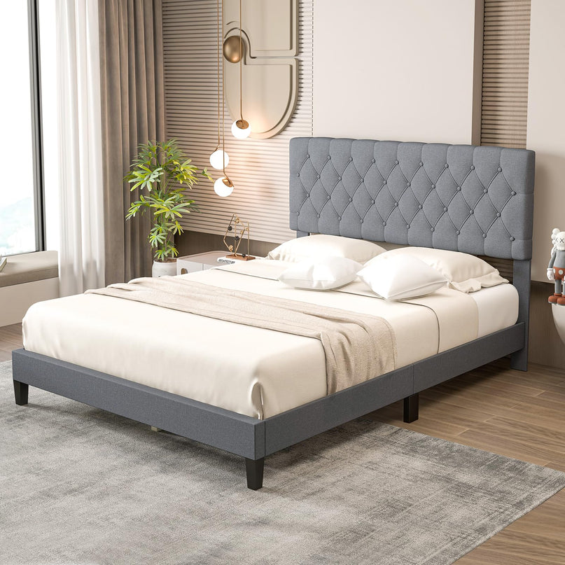 Giantex Queen Bed Frame, Upholstered Platform Bed with Button Tufted Headboard and Solid Wooden Slats Support