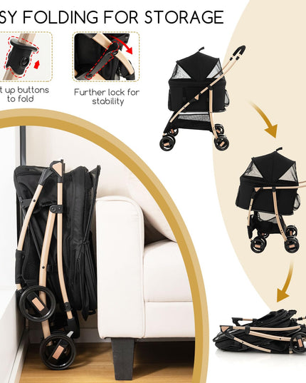 Giantex Pet Stroller 3-in-1, Folding Dog Stroller Detachable Carrier Car Seat (Black & Gold)