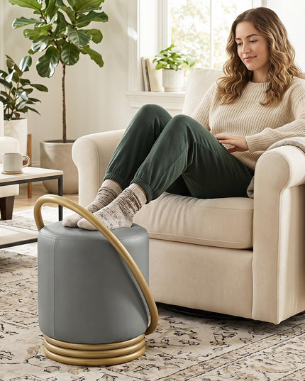 Giantex Modern Round Upholstered Vanity Stool with Gold Halo Metal Accent