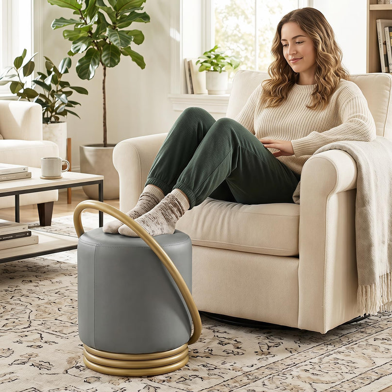 Giantex Modern Round Upholstered Vanity Stool with Gold Halo Metal Accent