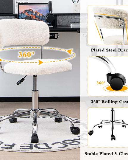 Giantex Home Office Chair, Faux Fur Low Back Swivel Leisure Chair w/Height Adjustable Padded Seat