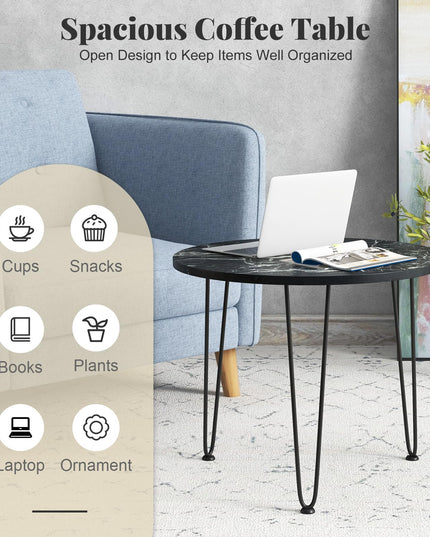 Giantex Round Coffee Table, Faux Marble Center Table with Metal Legs, Sofa Accent Side Table
