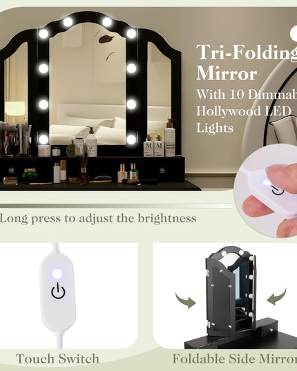 CHARMAID Vanity Desk with Lights - Makeup Vanity Table with Tri-Fold Mirror, 10 Adjustable Hollywood LED Lights, 4 Storage Drawers
