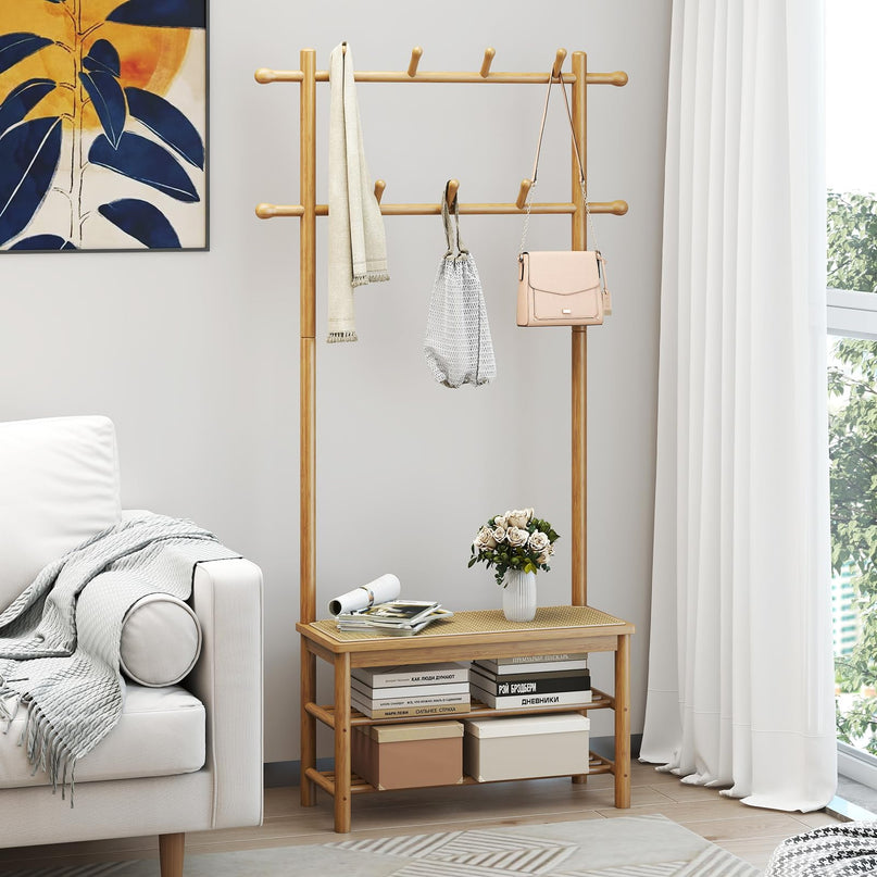 Giantex PE Rattan Hall Tree with Bench & Shoe Storage for Entryway Living Room
