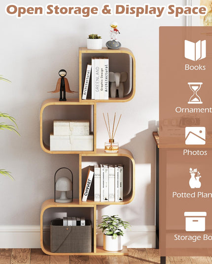Giantex 4-Tier S-Shaped Bamboo Bookshelf with 4 Open Cubes