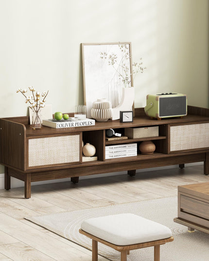 Giantex TV Stand for 65” TV, Entertainment Center with Woven Doors, Sliding Door, Adjustable Shelf & Compartment