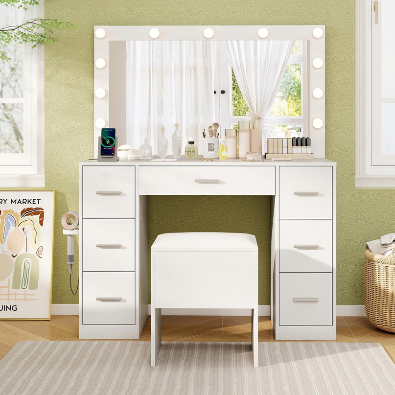 Vanity Desk with Large Mirror and Lights for Bedroom