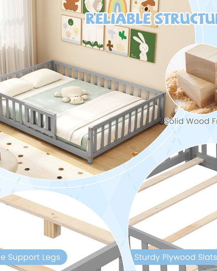Giantex Full Size Floor Bed for Kids, Montessori Floor Bed with Wood Slats & Safety Guardrails
