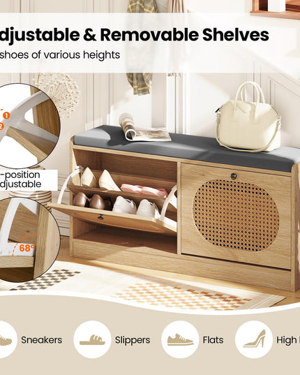 Giantex Rattan Shoe Storage Bench with 2 Flip Drawers & Padded Seat Cushion
