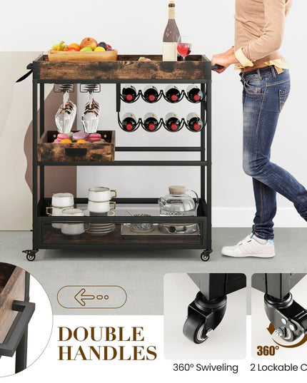 Giantex Rolling Bar Cart, 3-Tier Industrial Buffet Serving Cart with Wine Rack, Stemware Rack & Removable Tray