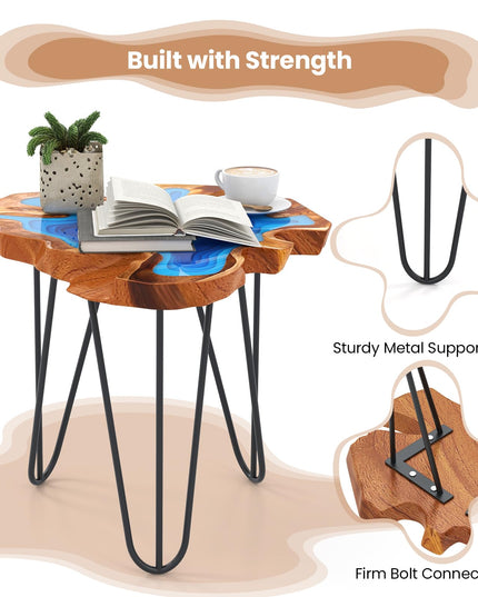 Giantex 21” Teak Wood Outdoor Side Table - Epoxy Resin End Table with Irregular Tabletop