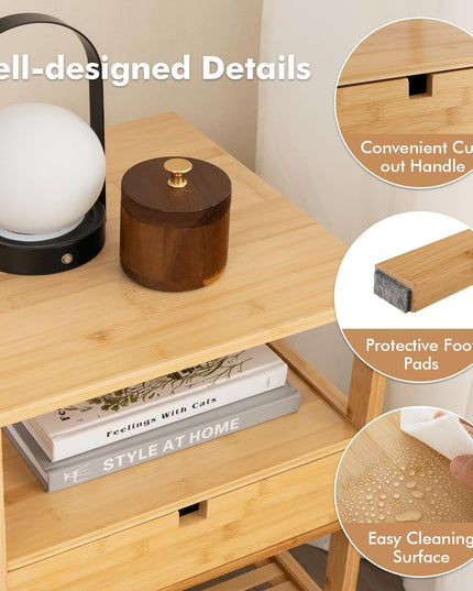 Giantex Nightstand Set of 1/2, Bamboo End Table with Drawer and 2 Open Shelves