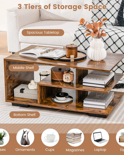 Giantex Coffee Table with Storage, Modern Rectangular Accent Table with L-shaped Middle Shelf