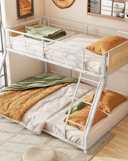 Giantex Twin Over Full Metal Bunk Bed Boho Rattan Floor Bunkbeds