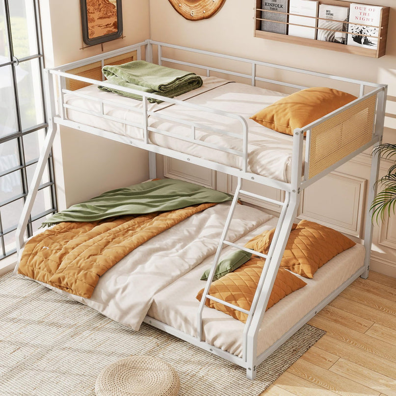 Giantex Twin Over Full Metal Bunk Bed Boho Rattan Floor Bunkbeds