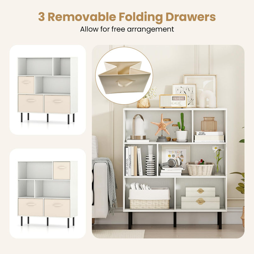 Giantex 3-Tier White Bookcase with 3 Removable Folding Fabric Drawers
