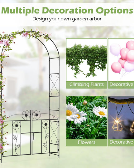 Giantex Garden Arbor with Gate, 7.5FT Metal Arch Trellis for Climbing Plants Rose Ivy, Archway Pergola with Flower Door