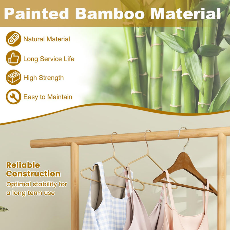 Giantex Bamboo Rolling Garment Rack with Rattan Storage Basket for Hallway Living Room Bedroom