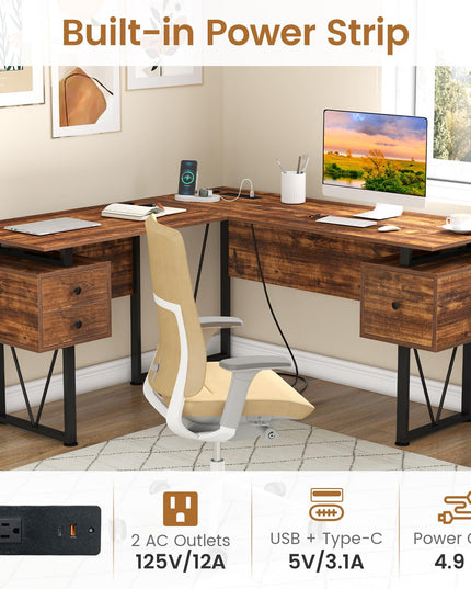 Giantex L Shaped Desk with Drawers, 59” Large Computer Desk with Power Outlet