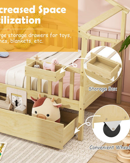 Giantex Montessori  Wooden Twin Bed Frame with Cube Storage & Fence Rails