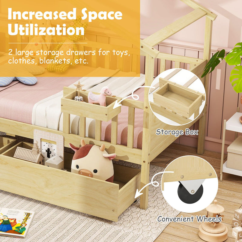 Giantex Montessori  Wooden Twin Bed Frame with Cube Storage & Fence Rails