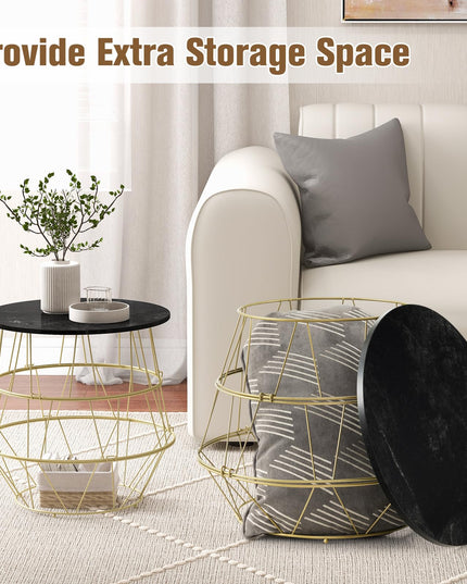 Giantex Round Coffee Table, Faux Marble Side End Table with Gold Metal Frame & Removeable Top