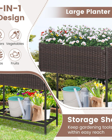 Giantex Raised Garden Bed with Legs, Rattan Elevated Planter Box w/Storage Shelf