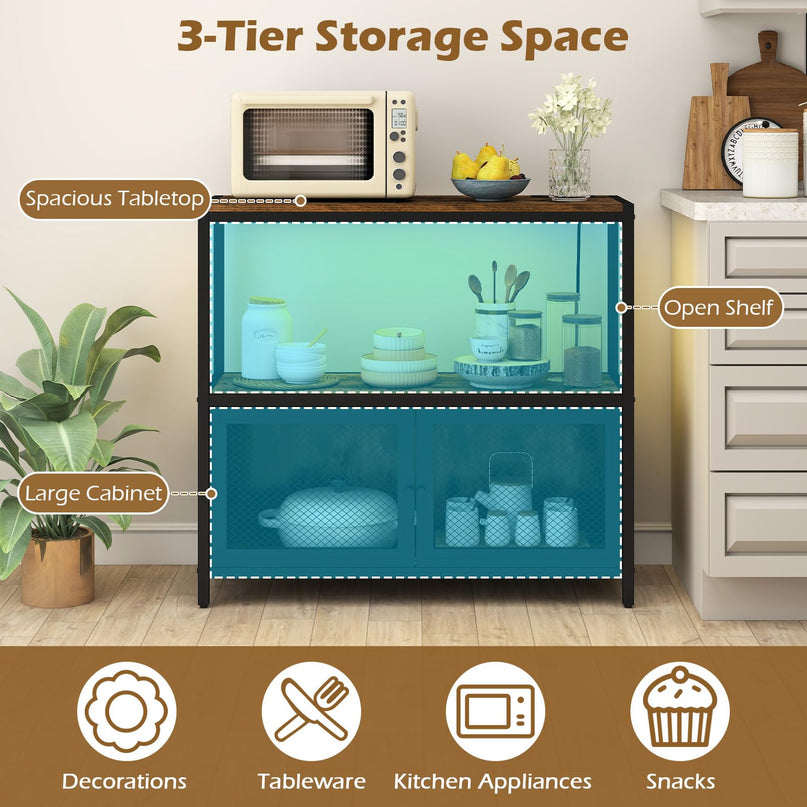 Giantex Wine Cabinet with LED Lights | Industrial Buffet Sideboard w/Charging Station