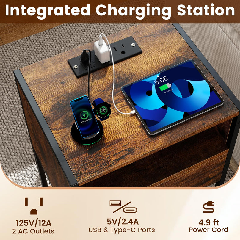Giantex Night Stand with Charging Station for Bedroom Small Spaces