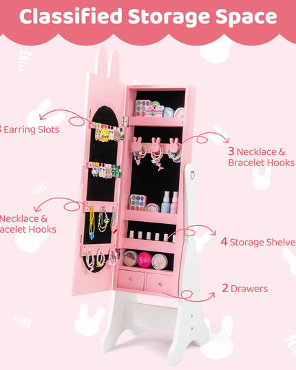 CHARMAID Kids Mirror Jewelry Cabinet - 45" Standing Jewelry Armoire with Full Length Mirror