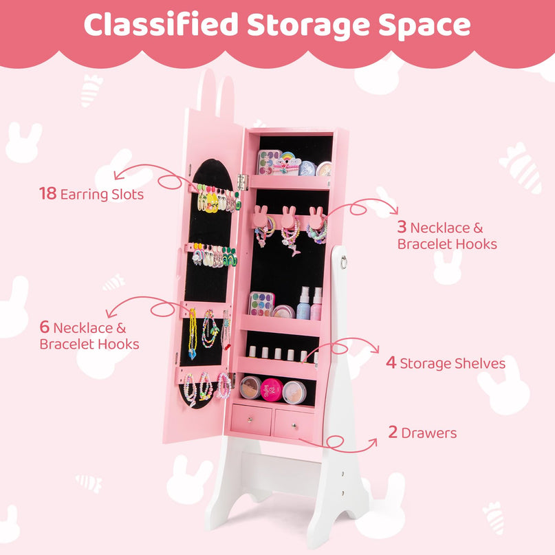 CHARMAID Kids Mirror Jewelry Cabinet - 45" Standing Jewelry Armoire with Full Length Mirror