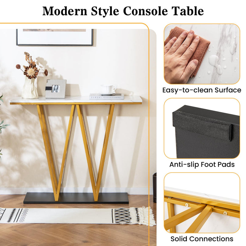 Console étroite dorée Giantex 100 cm avec plateau aspect marbre et base en métal robuste